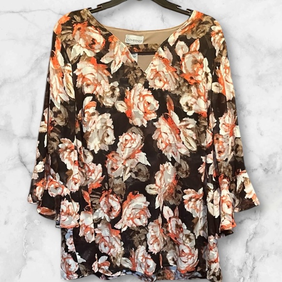 Catherines Tops - Catherines Plus 1X Women's Floral Top With 3/4 bell sheer sleeves keyhole front